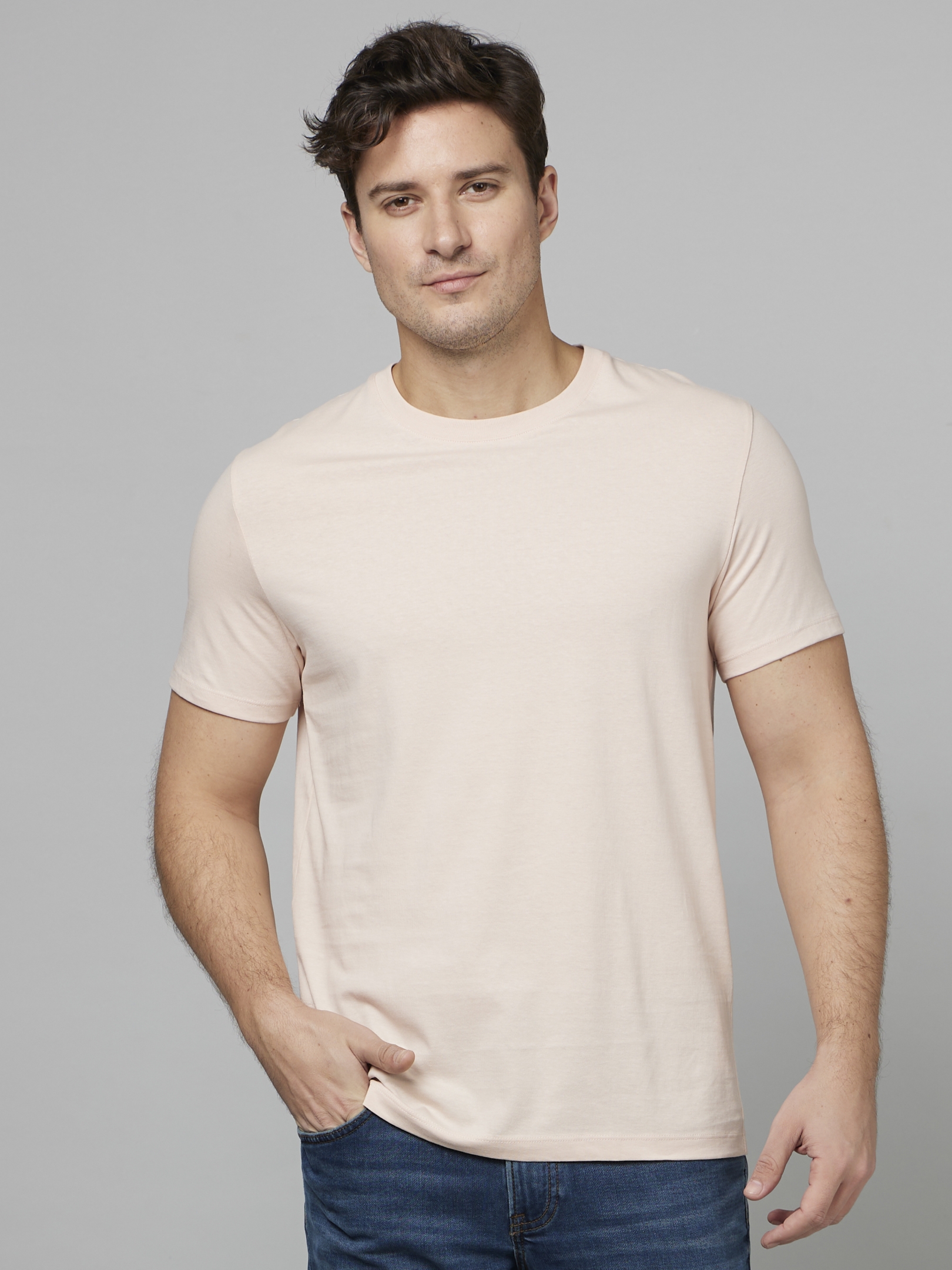 celio | Men's Beige Solid Regular T-Shirts