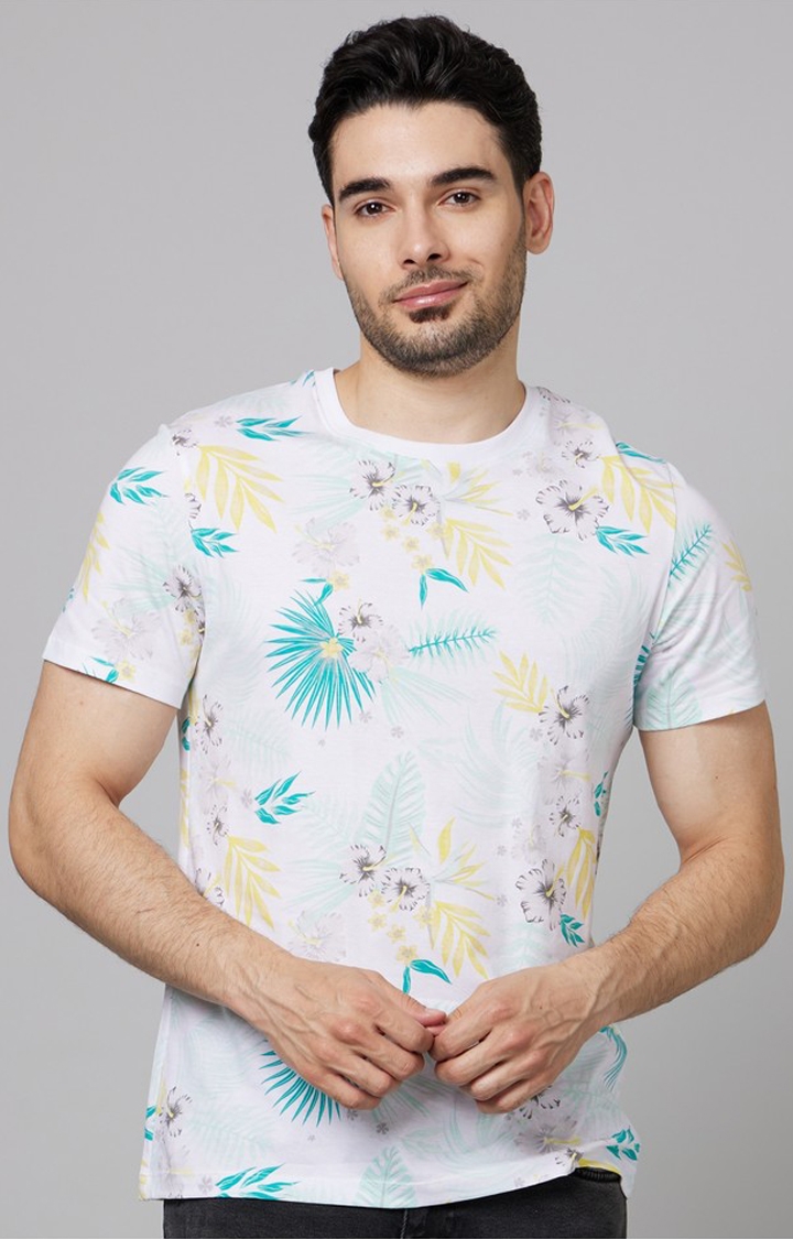 celio | Men's White Floral Regular T-Shirts