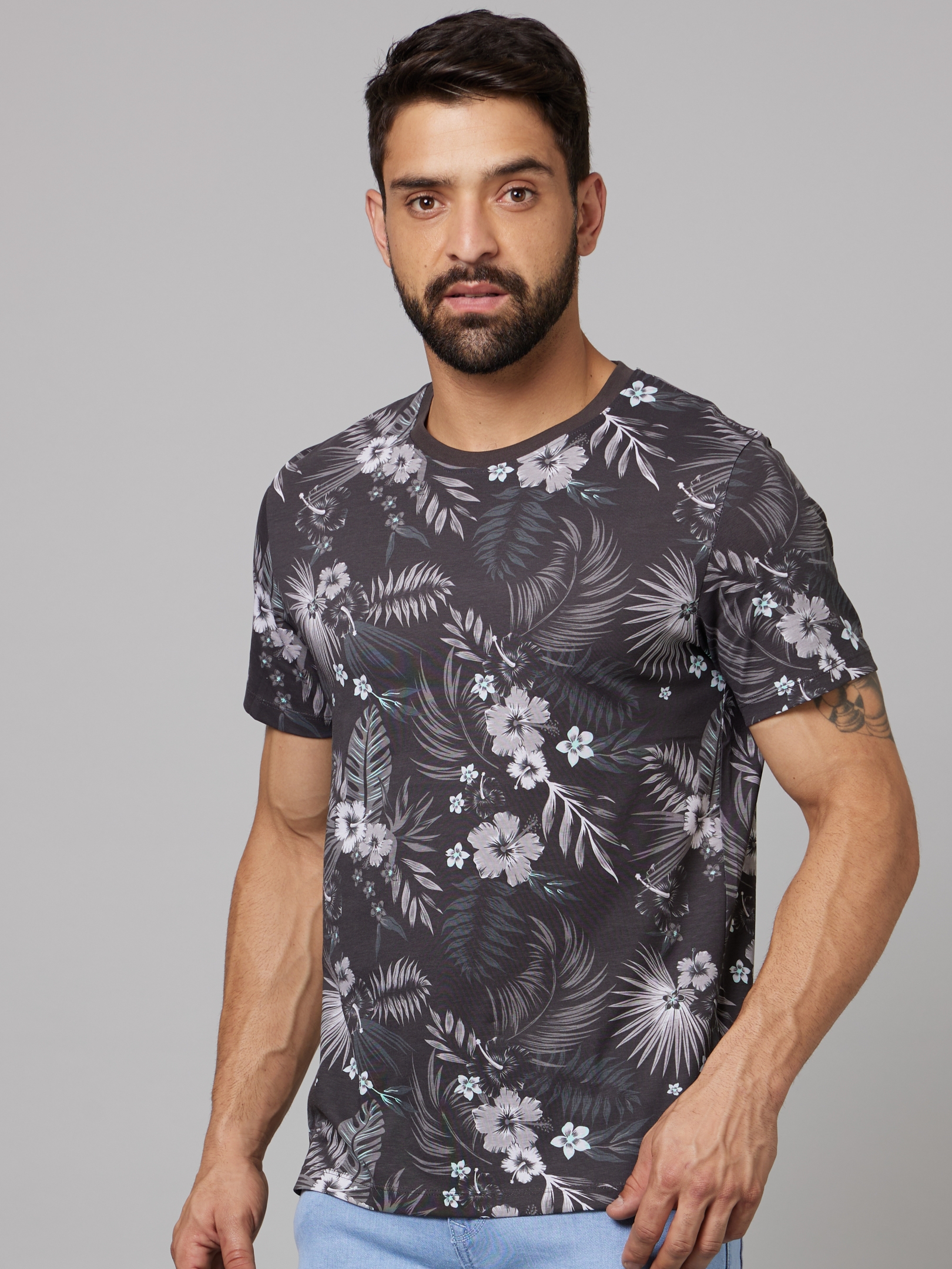 Men's Grey Tropical Regular T-Shirts