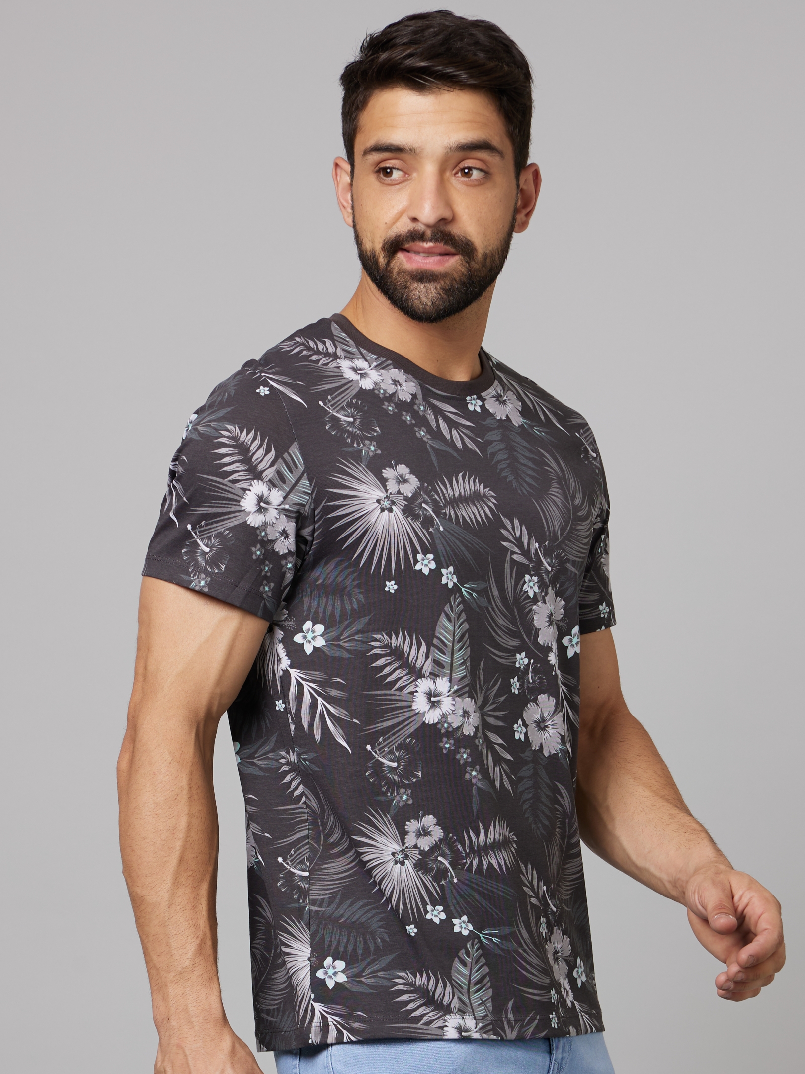 Men's Grey Tropical Regular T-Shirts