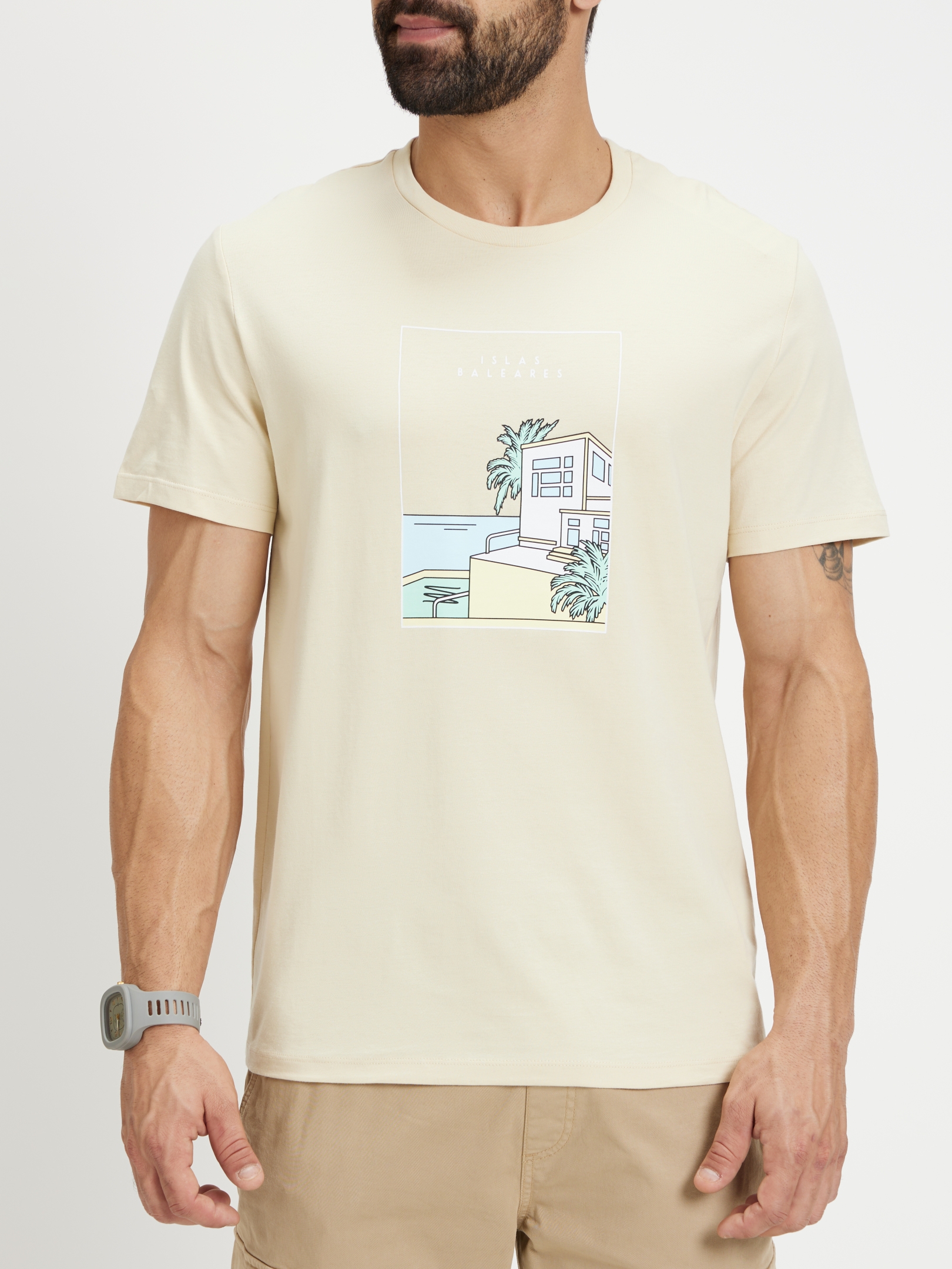 celio | Men's Beige Graphics Regular T-Shirts