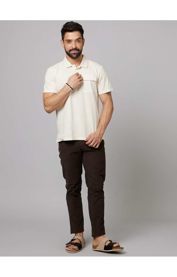 Men's Beige Solid Polos