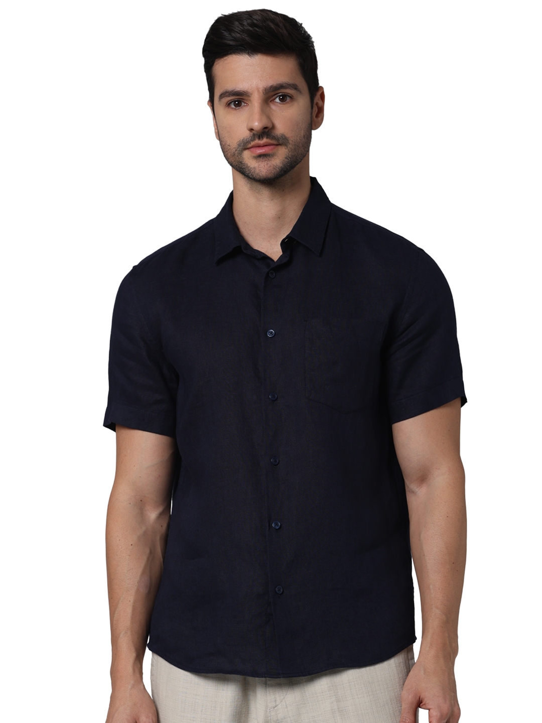 celio | Celio Men Navy Blue Solid Regular Fit Linen Casual Shirt