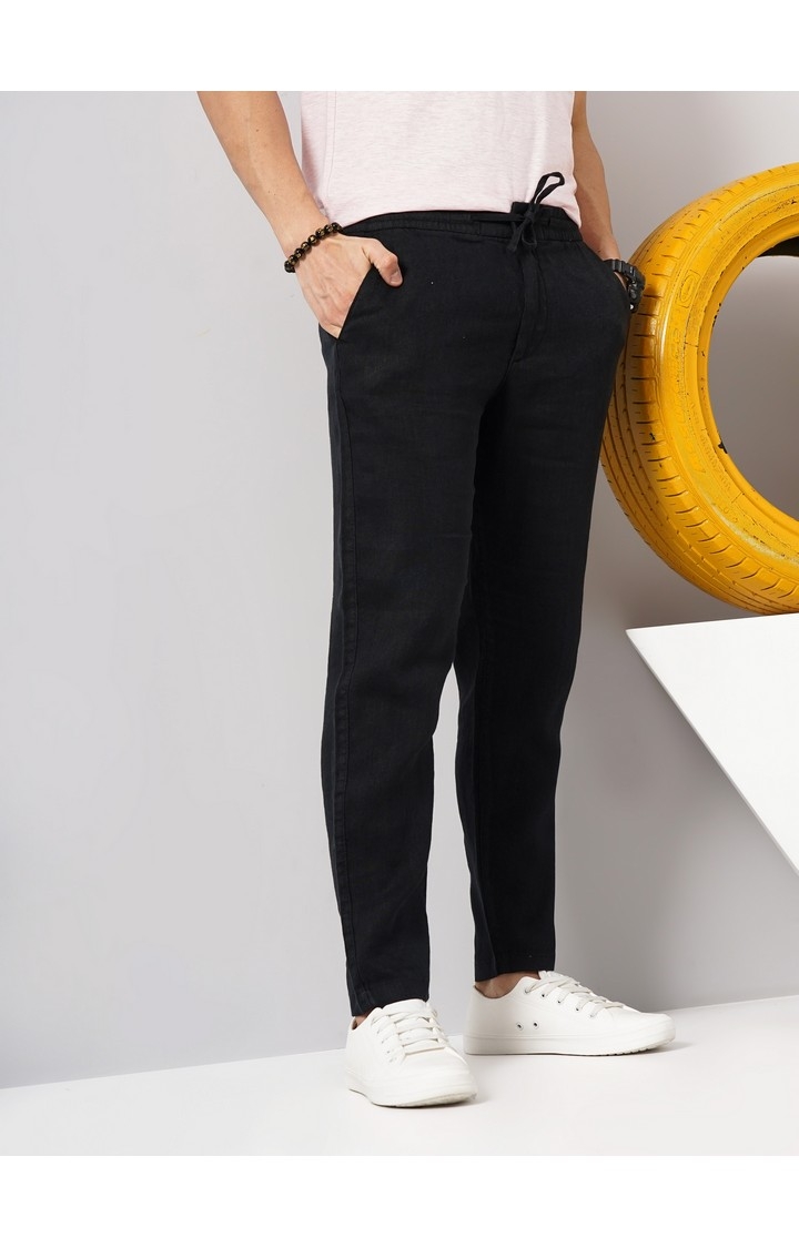 Celio Men Black Solid Regular Fit Linen Trousers