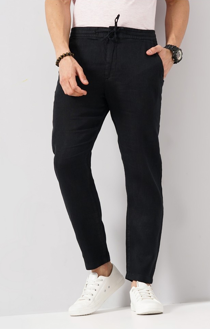 celio | Celio Men Black Solid Regular Fit Linen Trousers