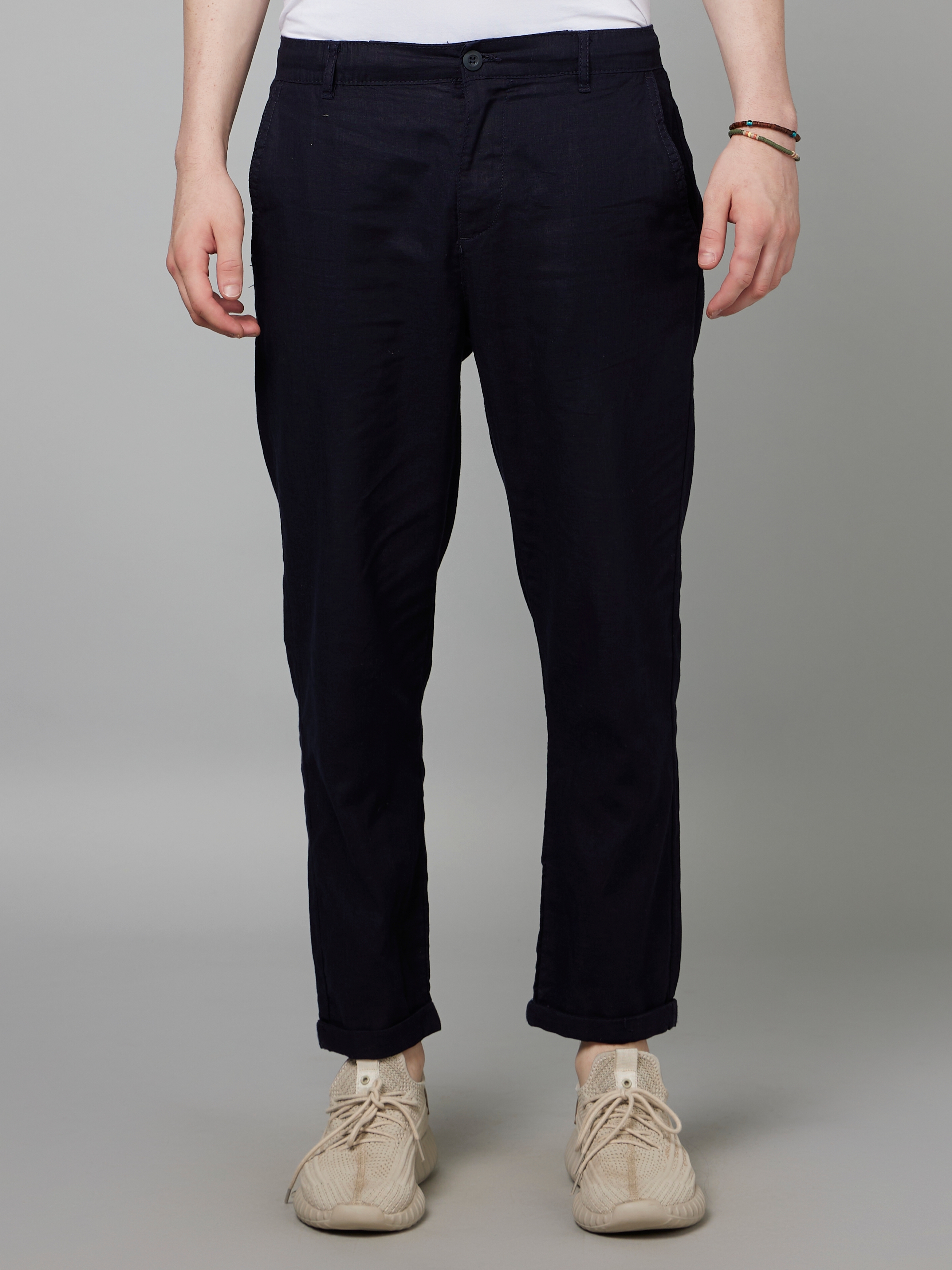 celio | Men's Blue Linen Blend Solid Trousers