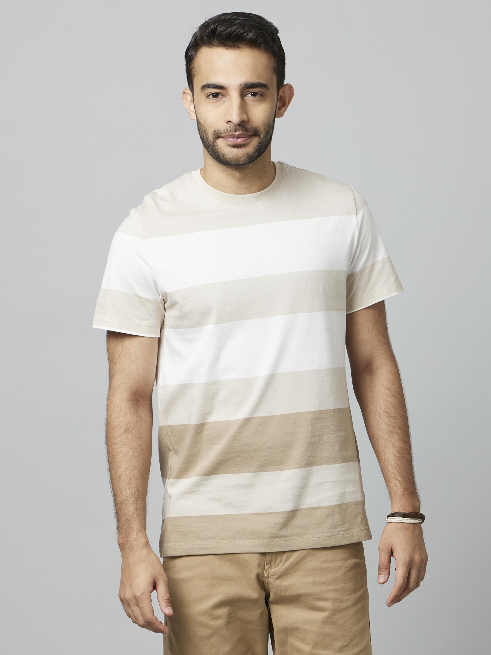 celio | Men's Beige Striped Regular T-Shirts
