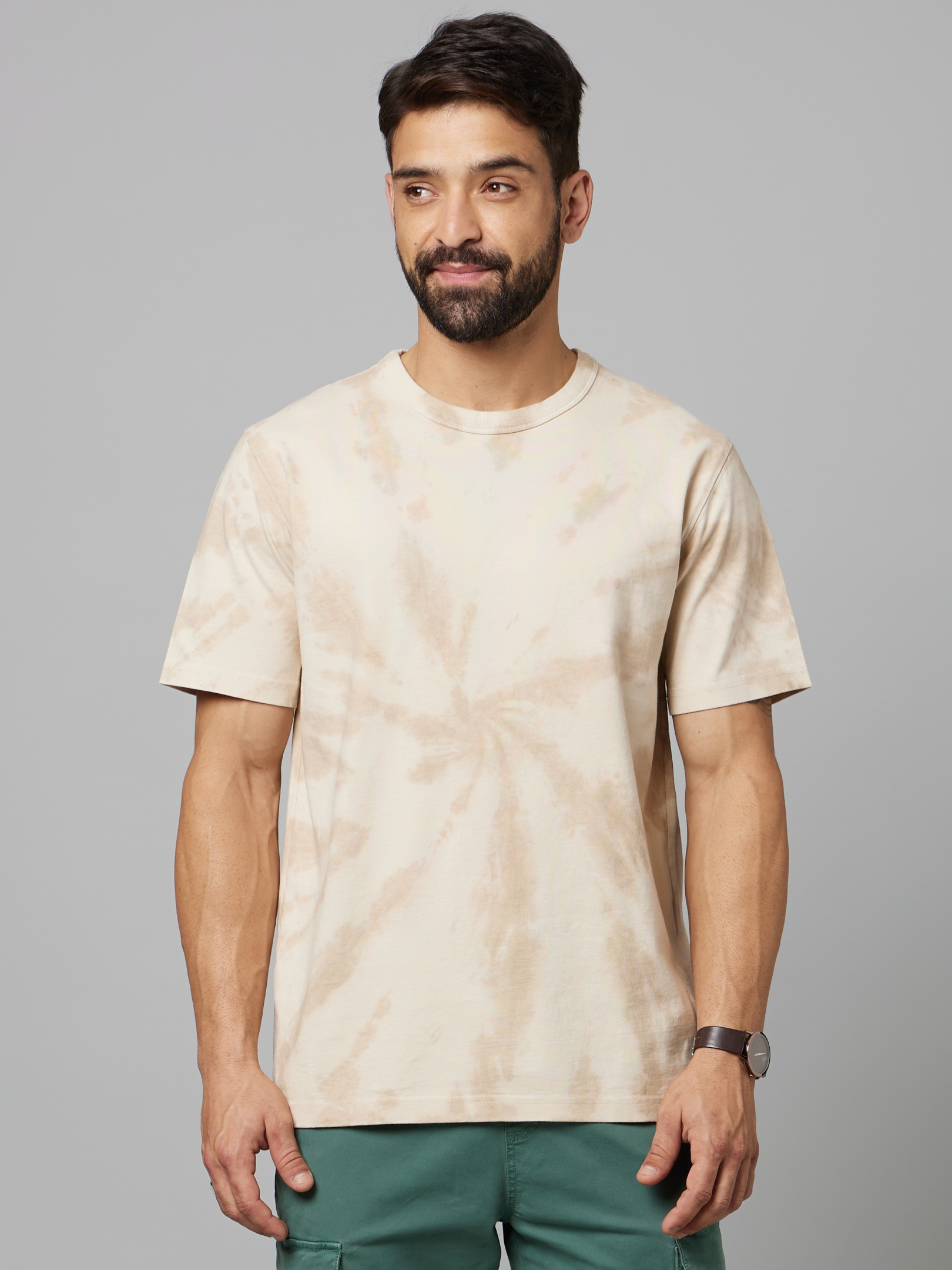 Men's Beige Tie Dye Boxy T-Shirt