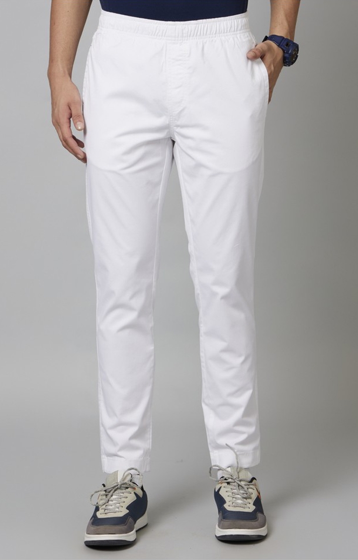 celio | Men's White Cotton Blend Solid Trousers