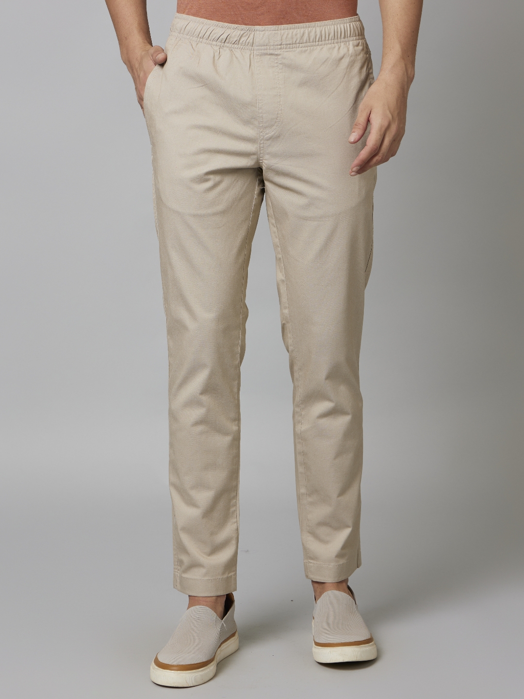 celio | Men's Beige Cotton Blend Solid Trousers