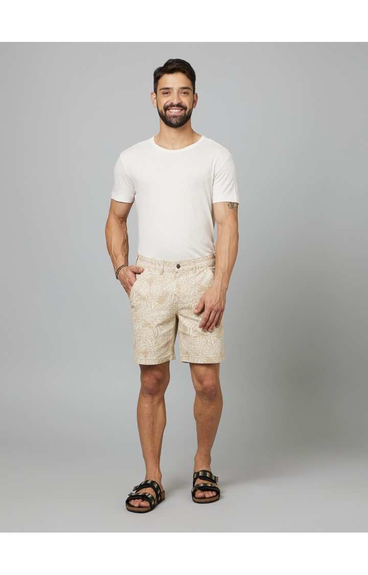 Men's Beige Cotton Blend Tropical Shorts