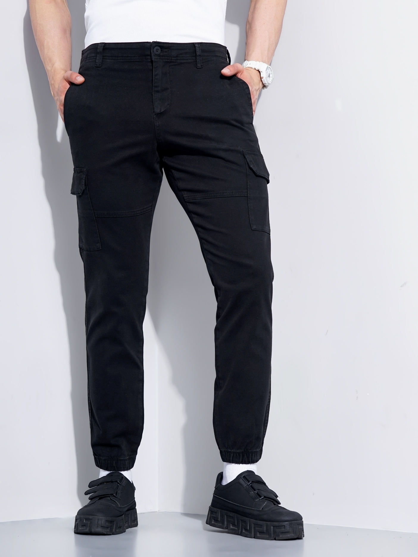celio | Men's Black Cotton Blend Handwoven Trousers