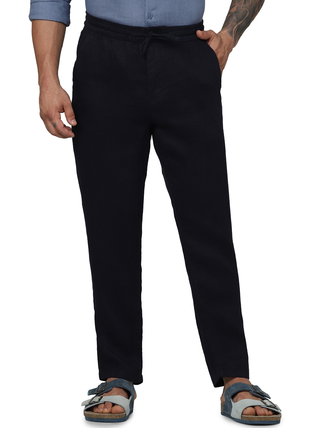celio | Celio Men Navy Blue Solid Regular Fit Linen Casual Trousers