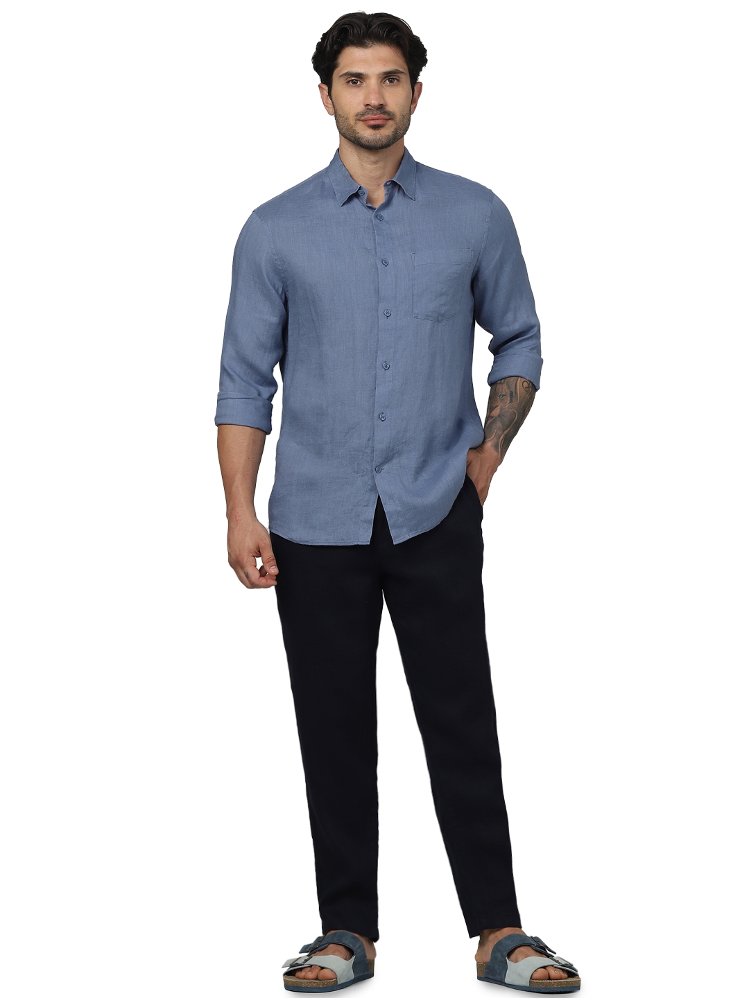 Celio Men Navy Blue Solid Regular Fit Linen Casual Trousers