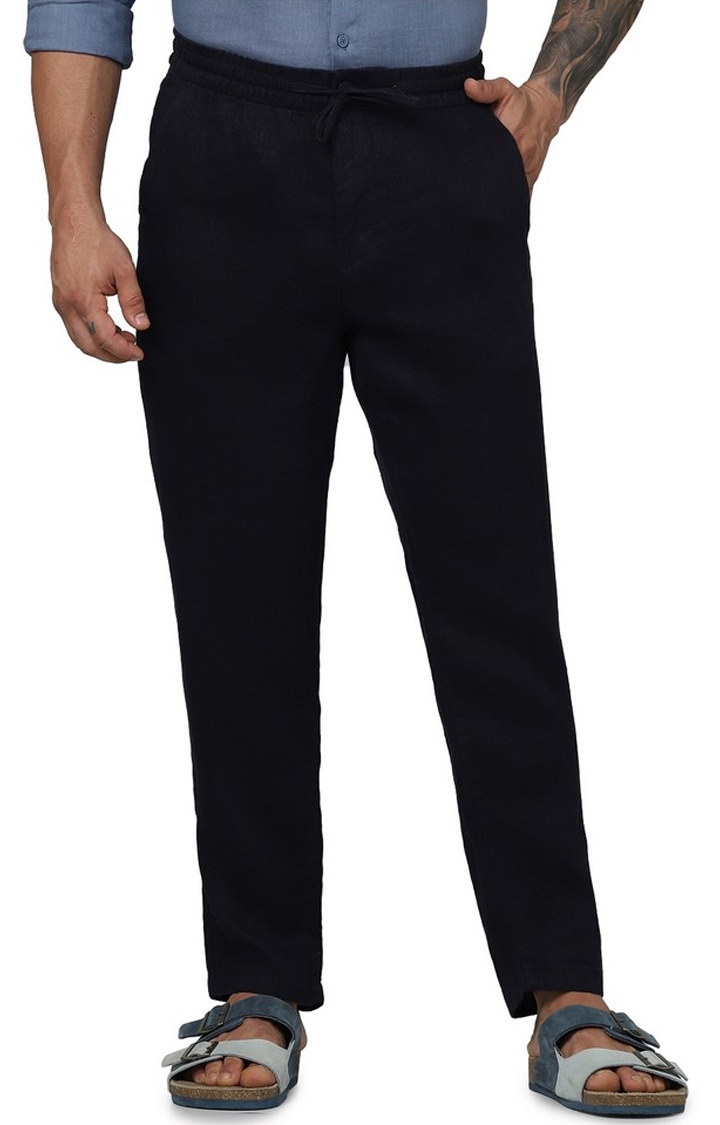 Celio Men Navy Blue Solid Regular Fit Linen Casual Trousers
