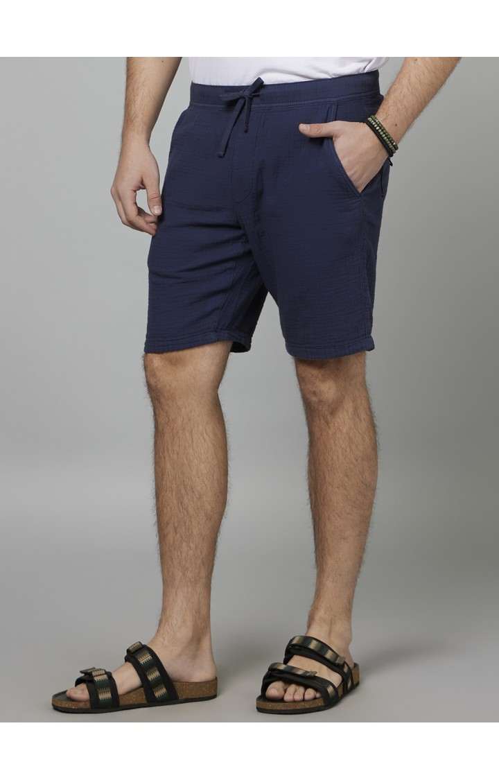 Men's Blue Cotton Solid Shorts