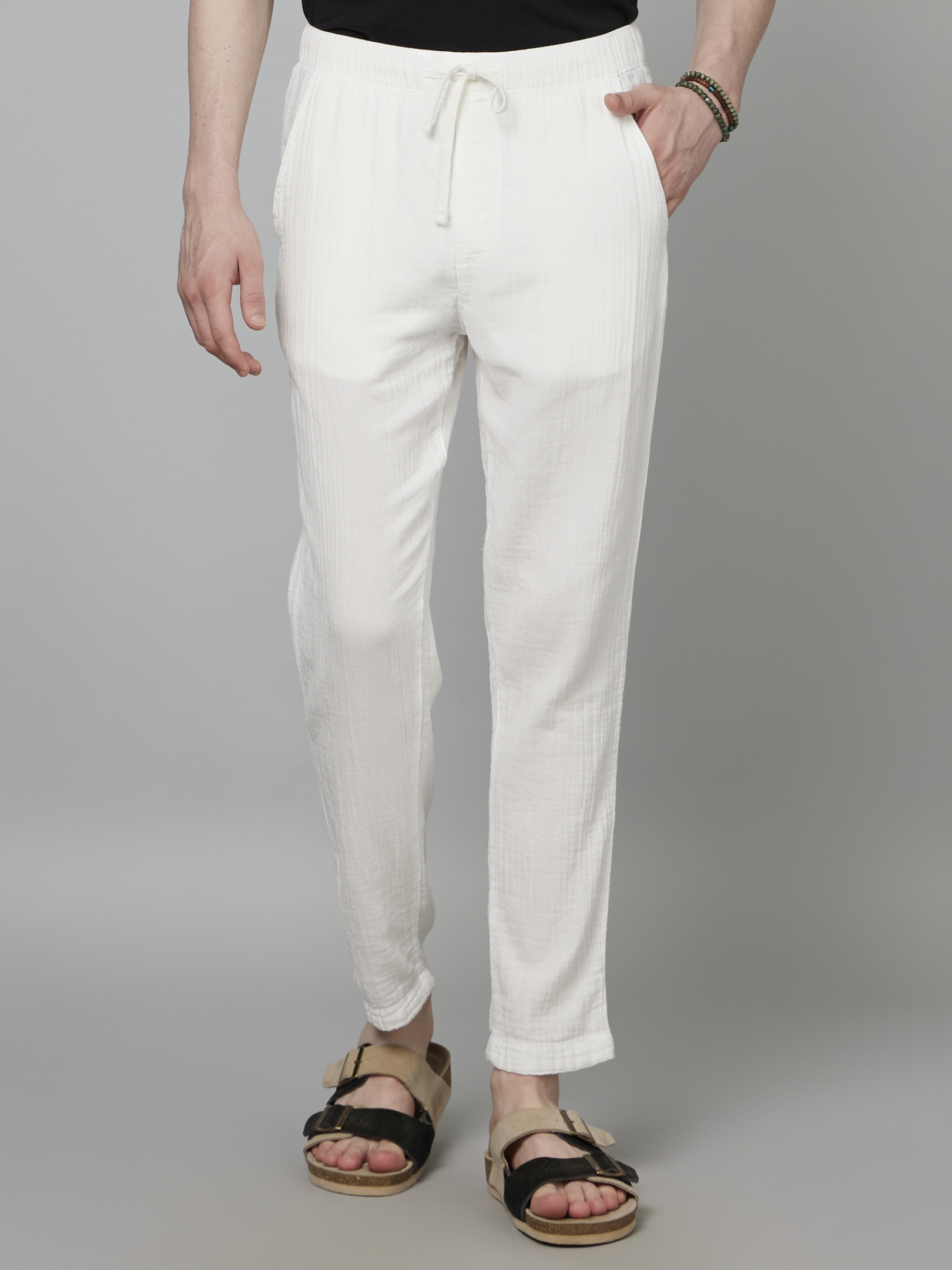 celio | Men's White Cotton Solid Trousers