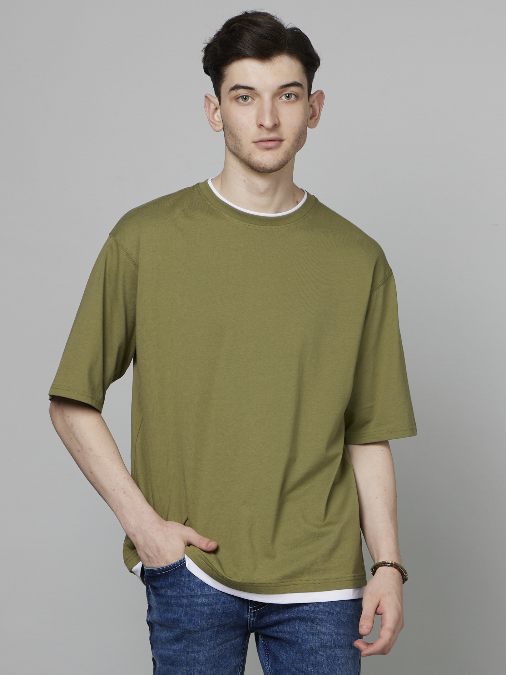 celio | Men's Green Solid Boxy T-Shirt