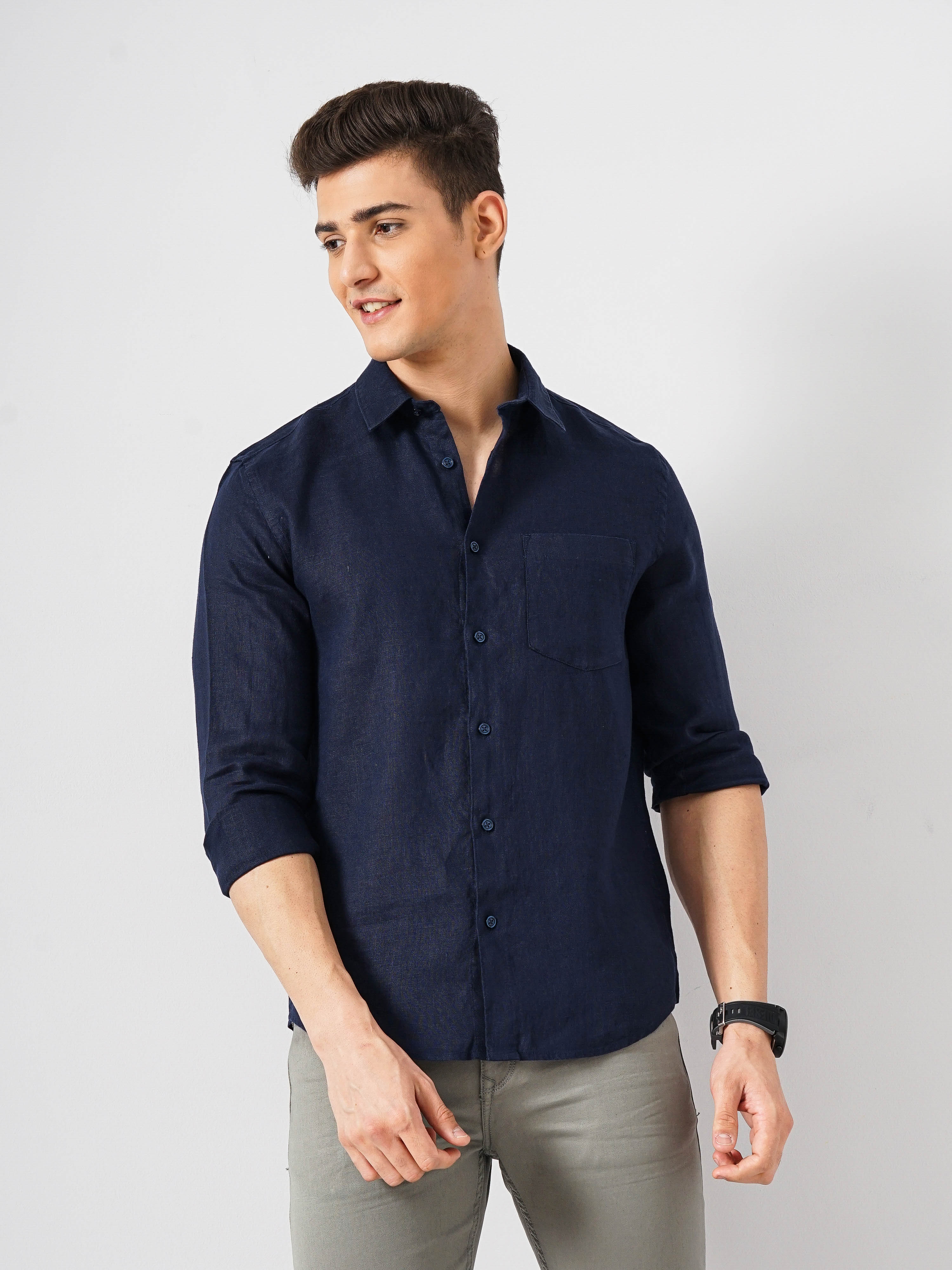 celio | Celio Men Navy Blue Solid Regular Fit Linen Shirt