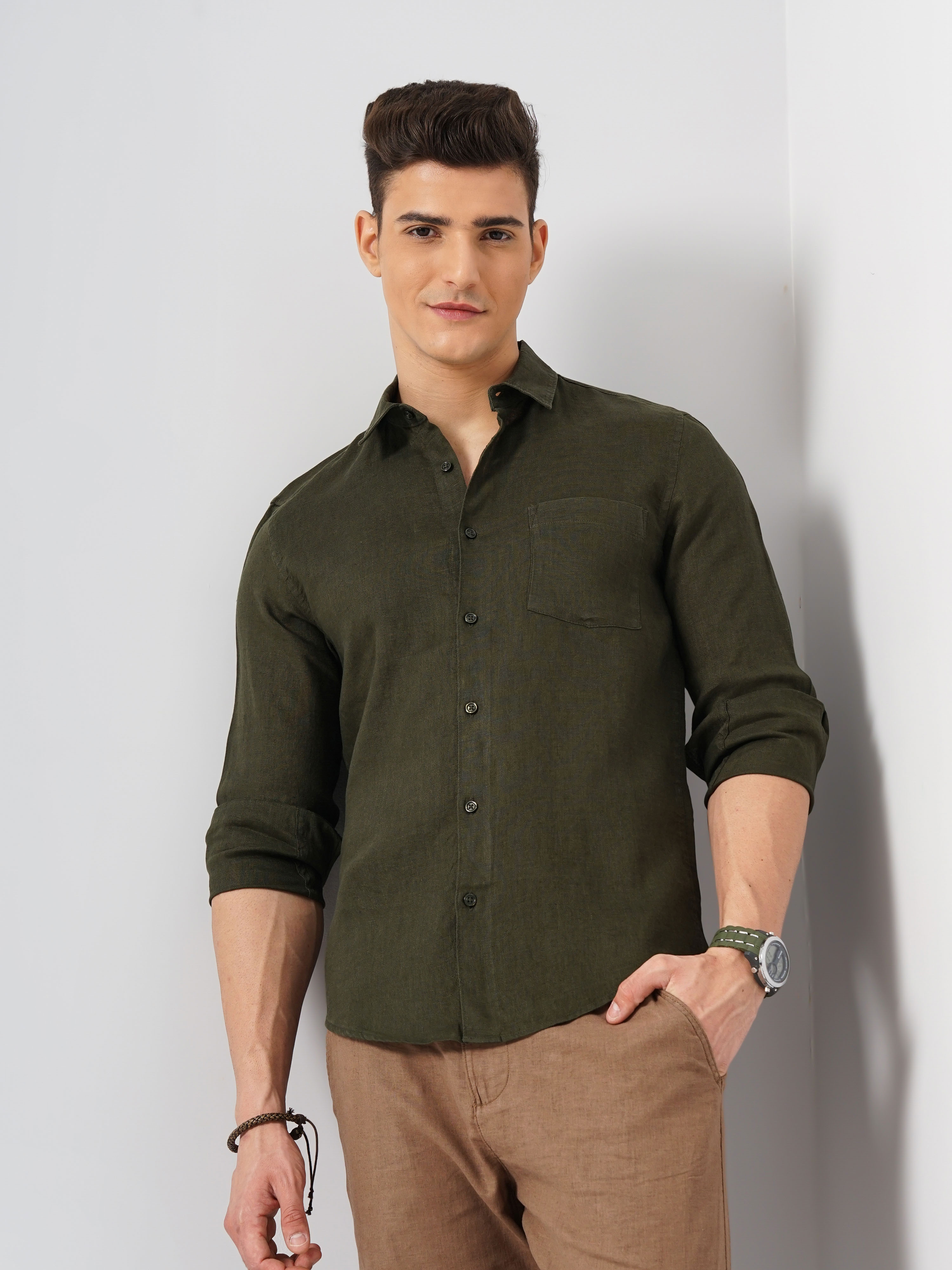 celio | Celio Men Green Solid Regular Fit Linen Shirt
