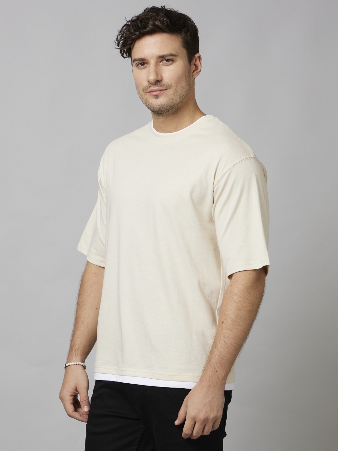 Men's Beige Solid Boxy T-Shirt