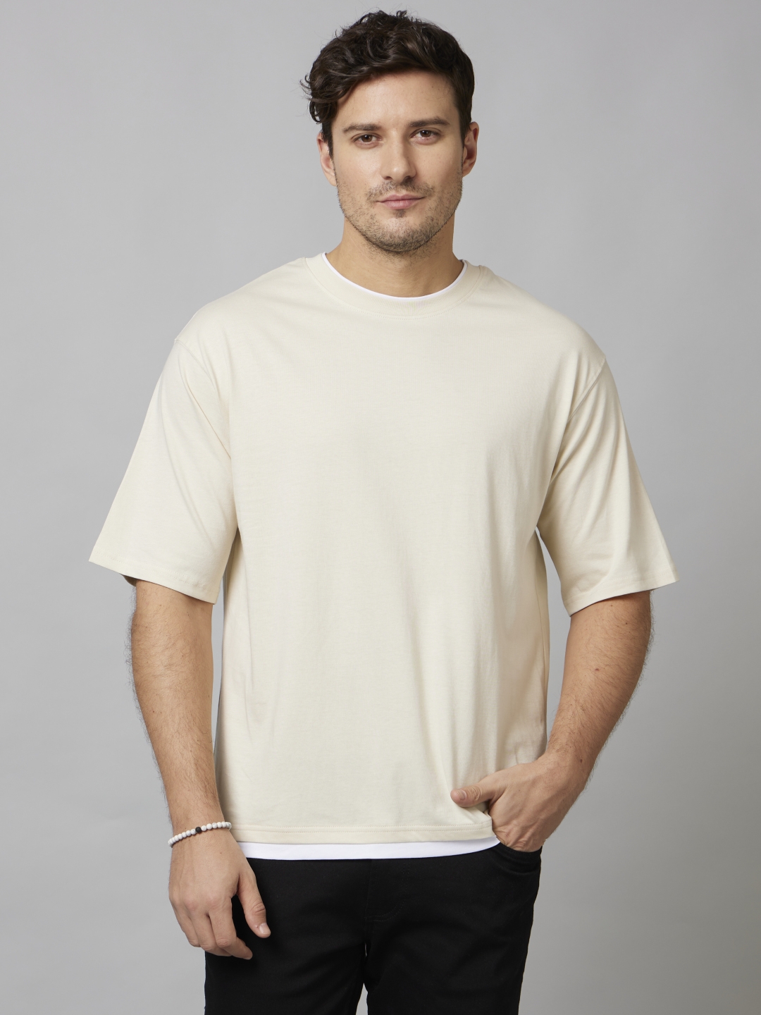 Men's Beige Solid Boxy T-Shirt