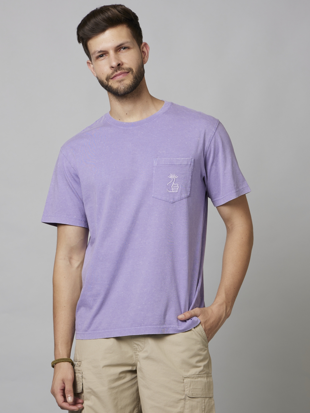 Men's Purple Embroidered Regular T-Shirts