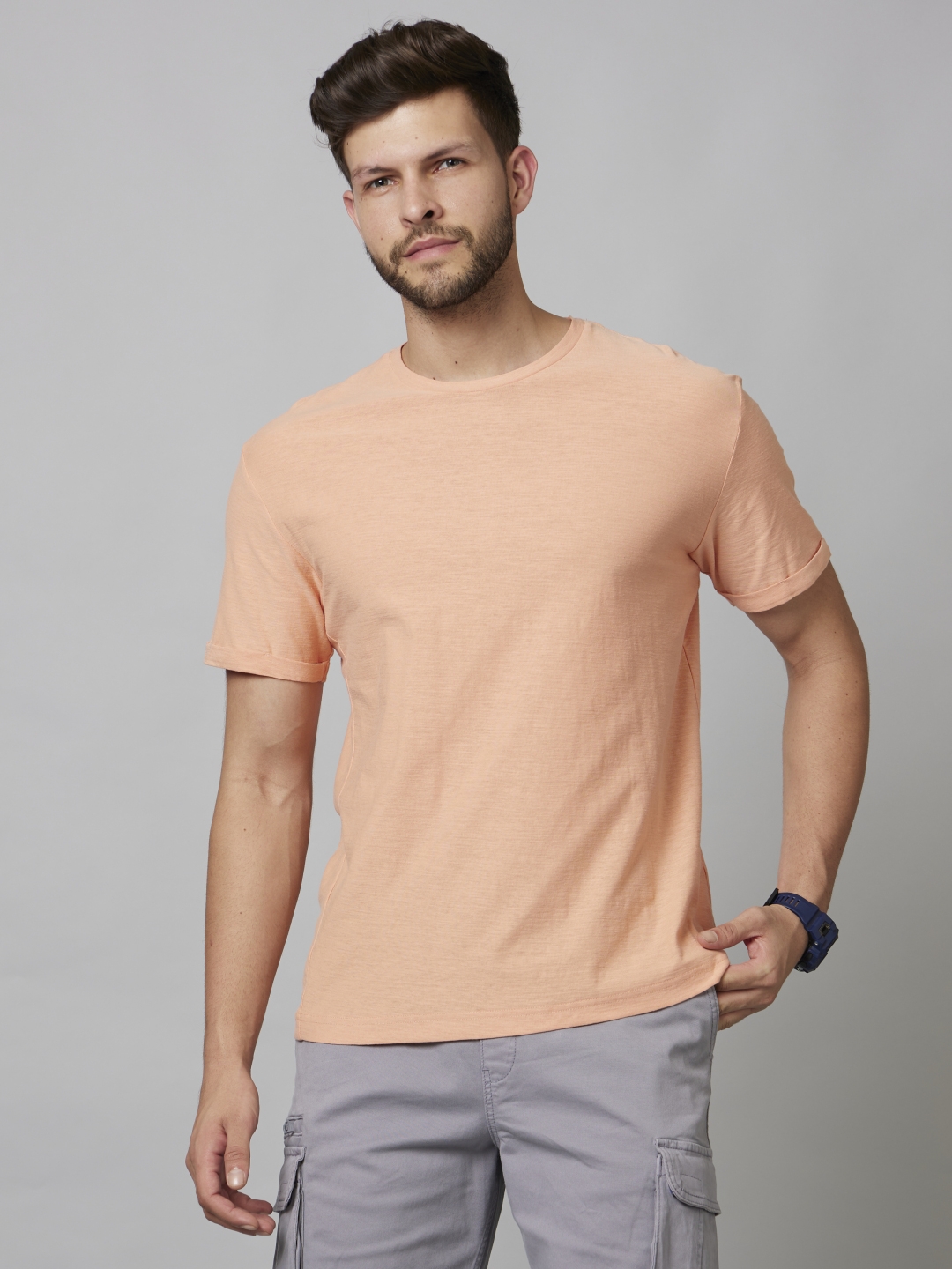 celio | Men's Orange Solid Regular T-Shirts