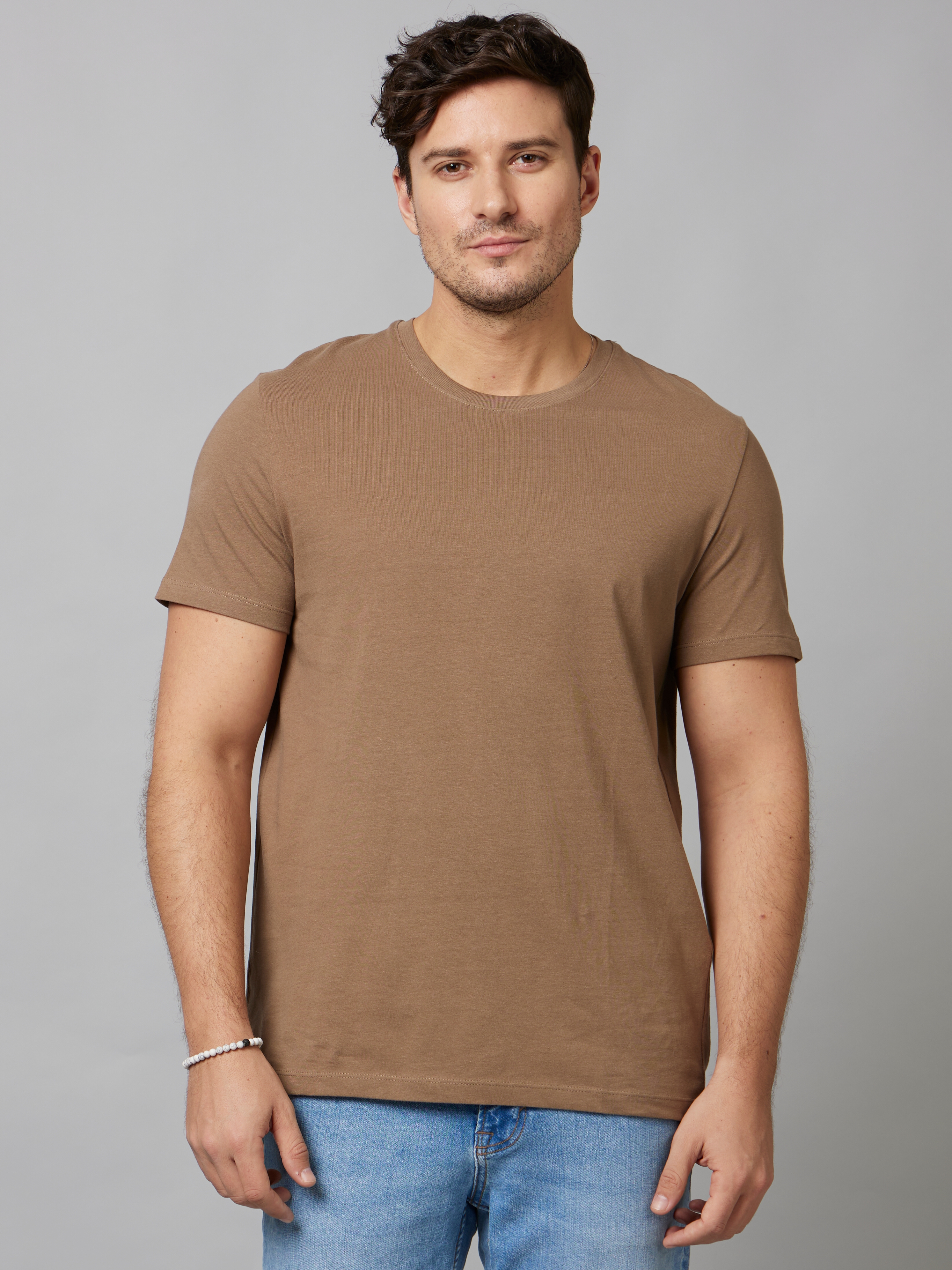 celio | Men's Brown Solid Regular T-Shirts