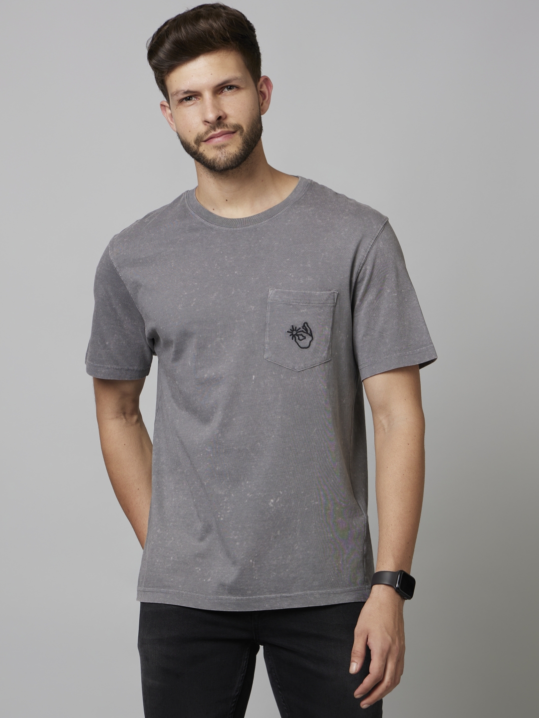 Men's Grey Embroidered Regular T-Shirts