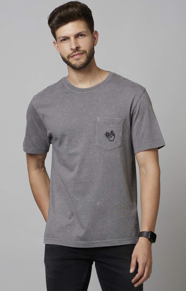 celio | Men's Grey Embroidered Regular T-Shirts