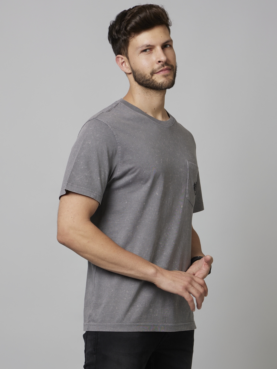 Men's Grey Embroidered Regular T-Shirts