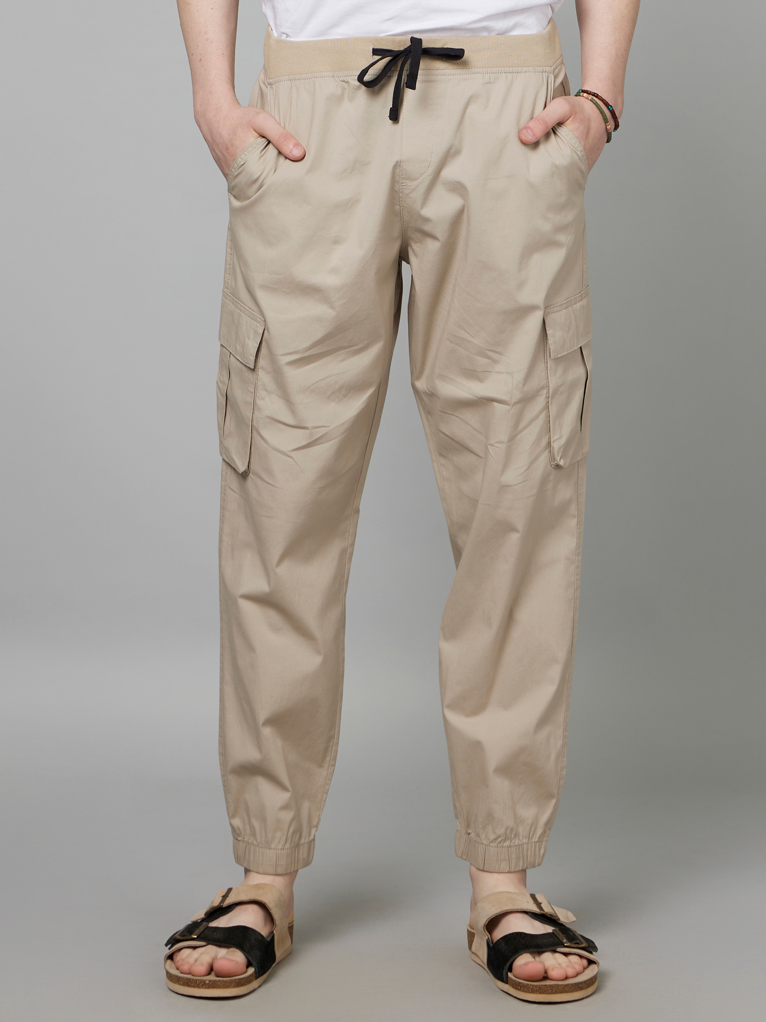 Men's Beige Cotton Blend Solid Trousers