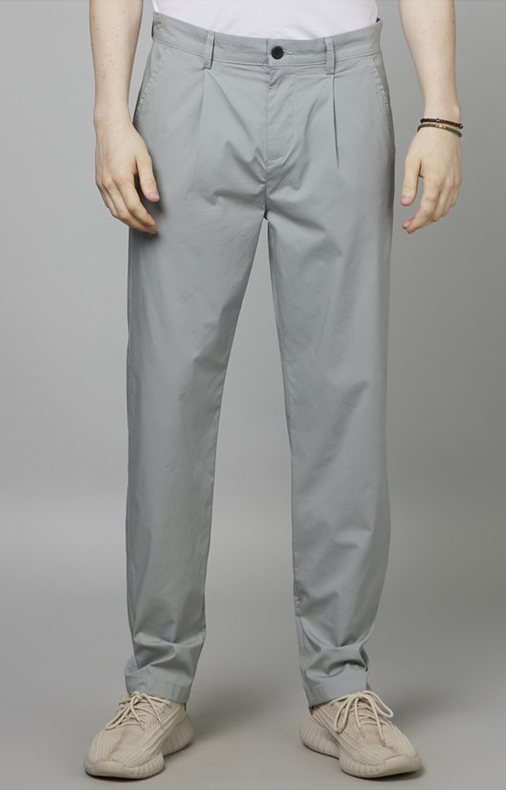 celio | Men's Grey Cotton Blend Solid Trousers