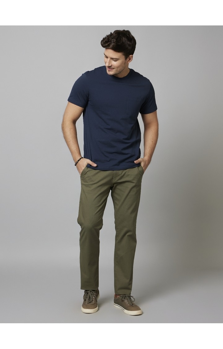 Men's Beige Cotton Blend Solid Chinos