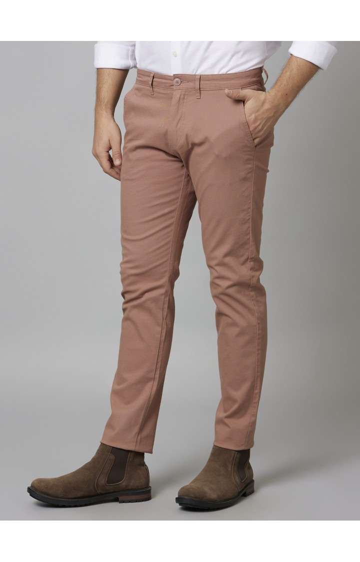 Men's Orange Cotton Blend Solid Chinos