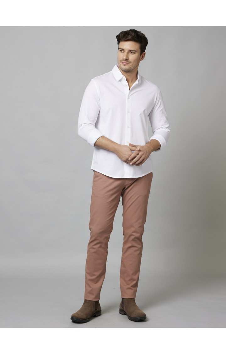 Men's Orange Cotton Blend Solid Chinos