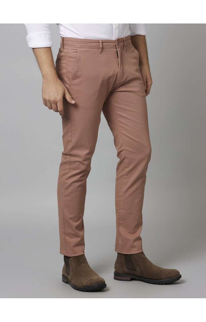 Men's Orange Cotton Blend Solid Chinos