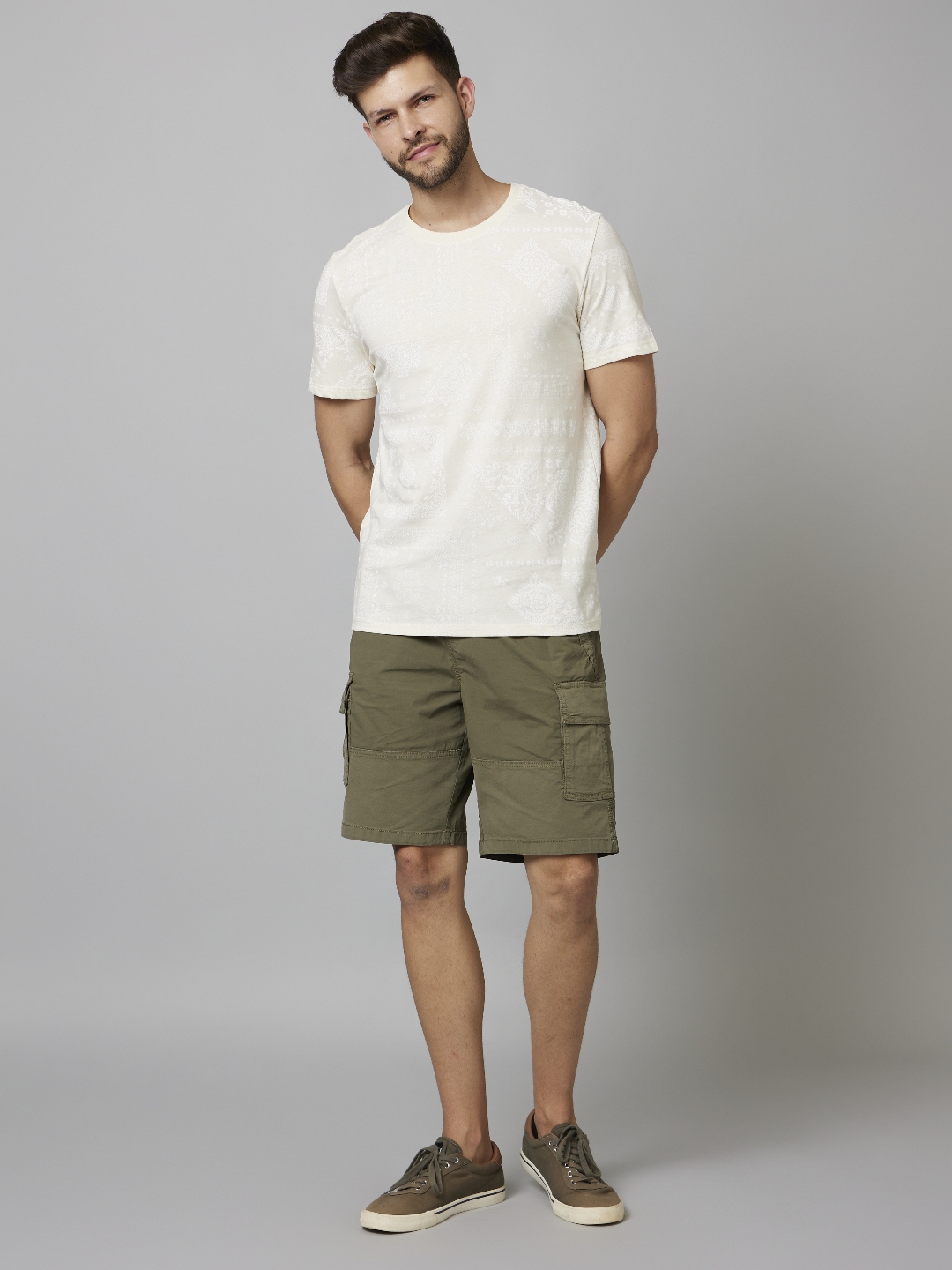 Men's Beige Cotton Blend Graphics Shorts