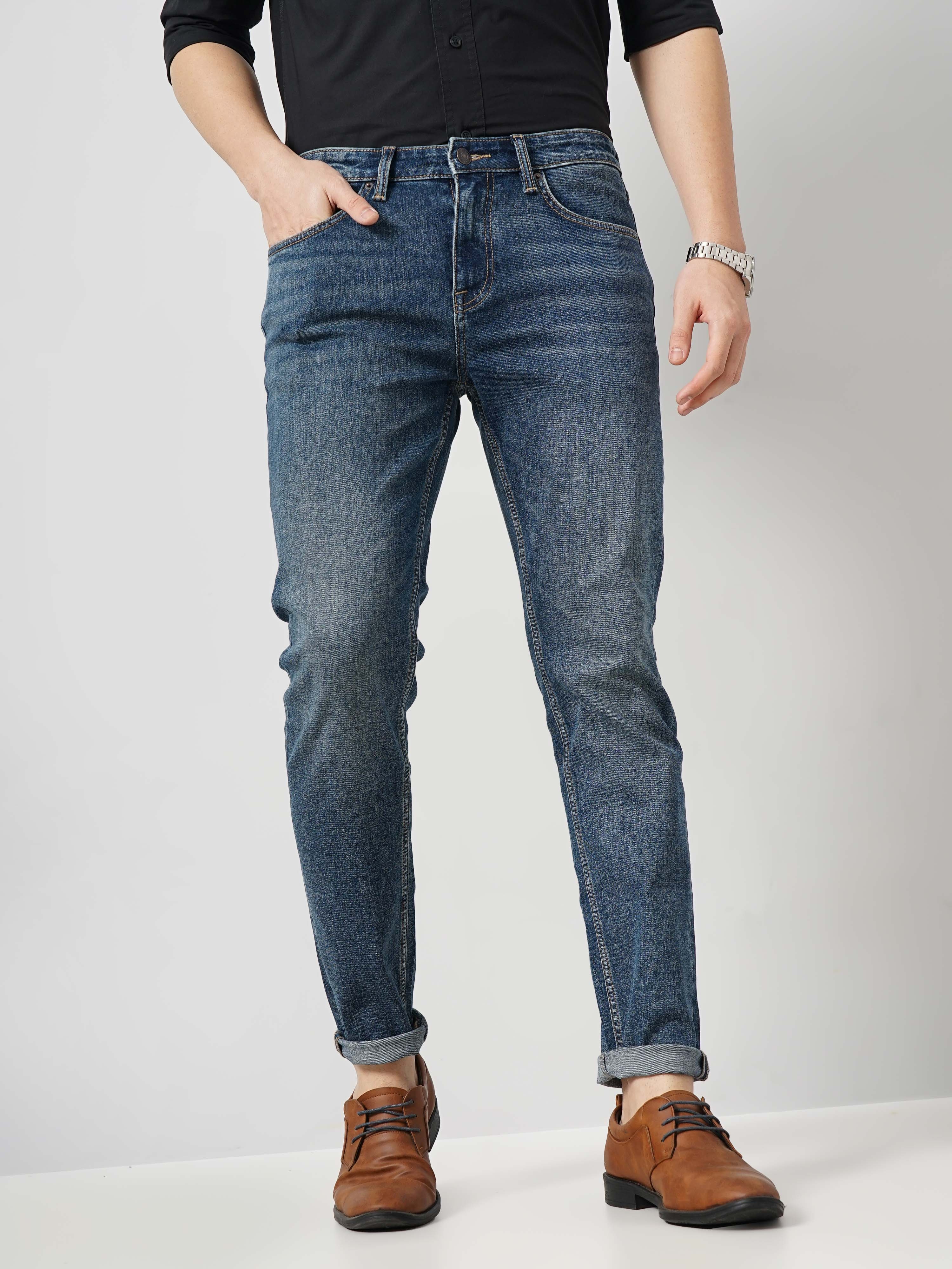 celio | Celio Men Blue Solid Slim Fit Cotton Stretch Twill Denim Jeans