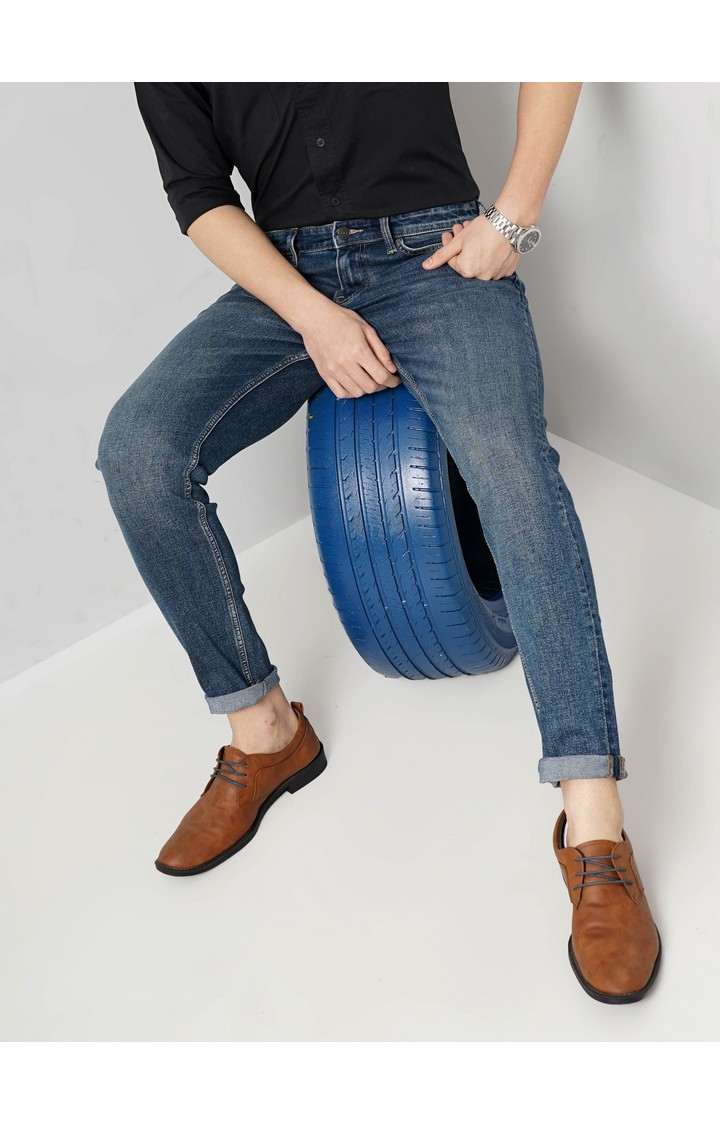 Celio Men Blue Solid Slim Fit Cotton Stretch Twill Denim Jeans