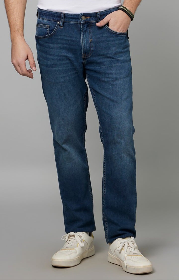 Men's Blue Cotton Blend Solid Slim Jeans
