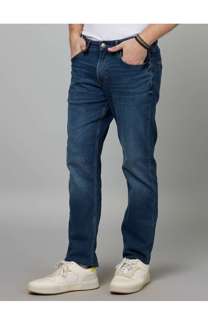 Men's Blue Cotton Blend Solid Slim Jeans