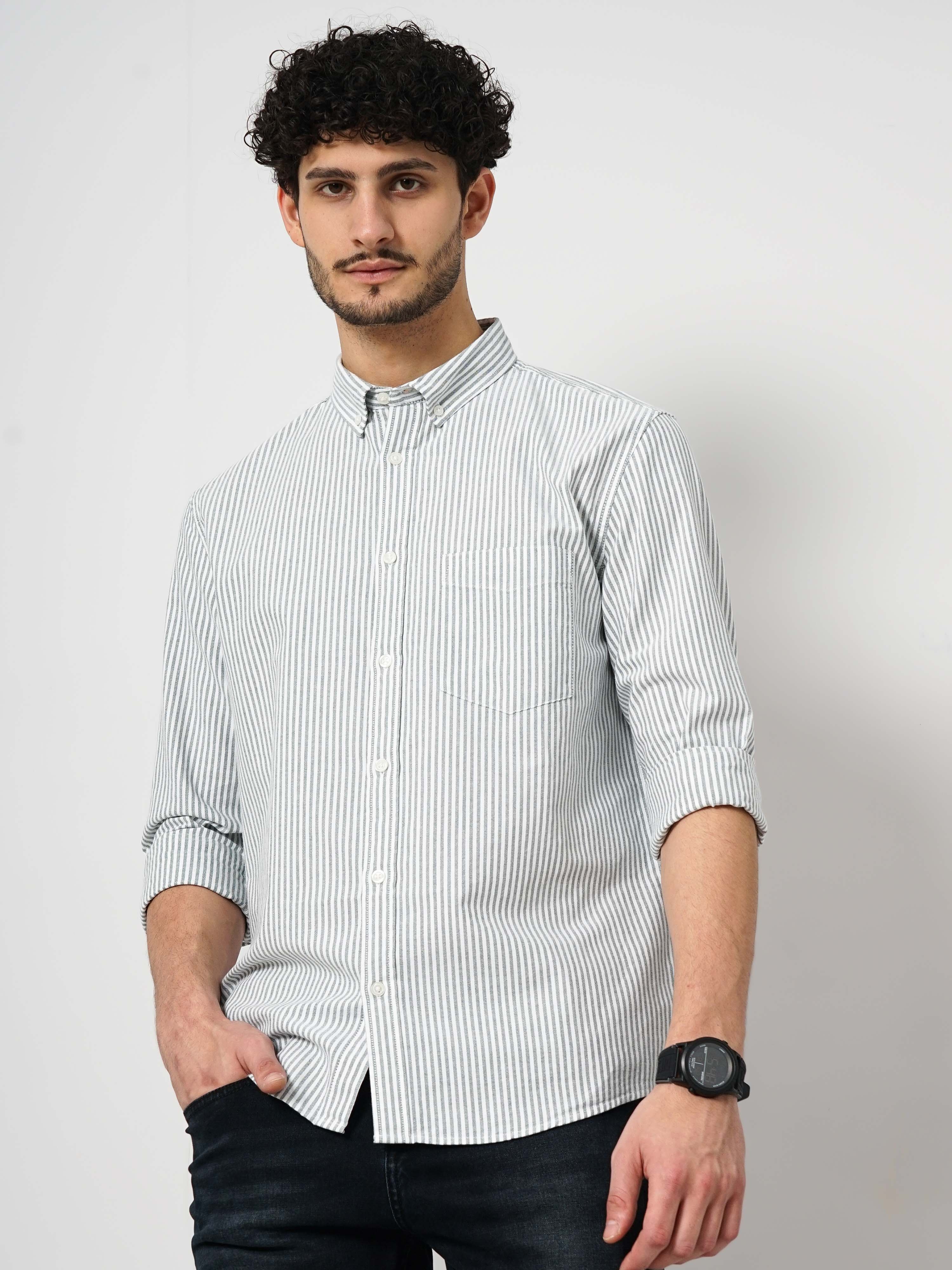 Celio Men's Vertical-Stripes Oxford Shirt