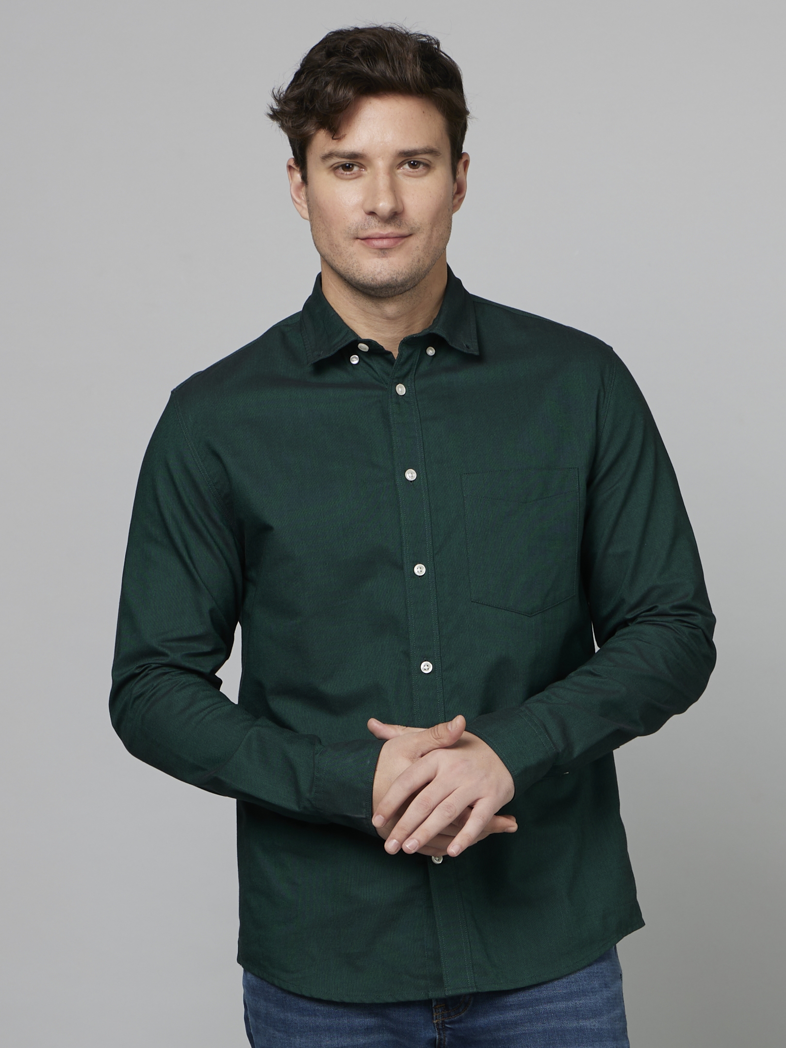 celio | Men's Green Solid Casual Shirts