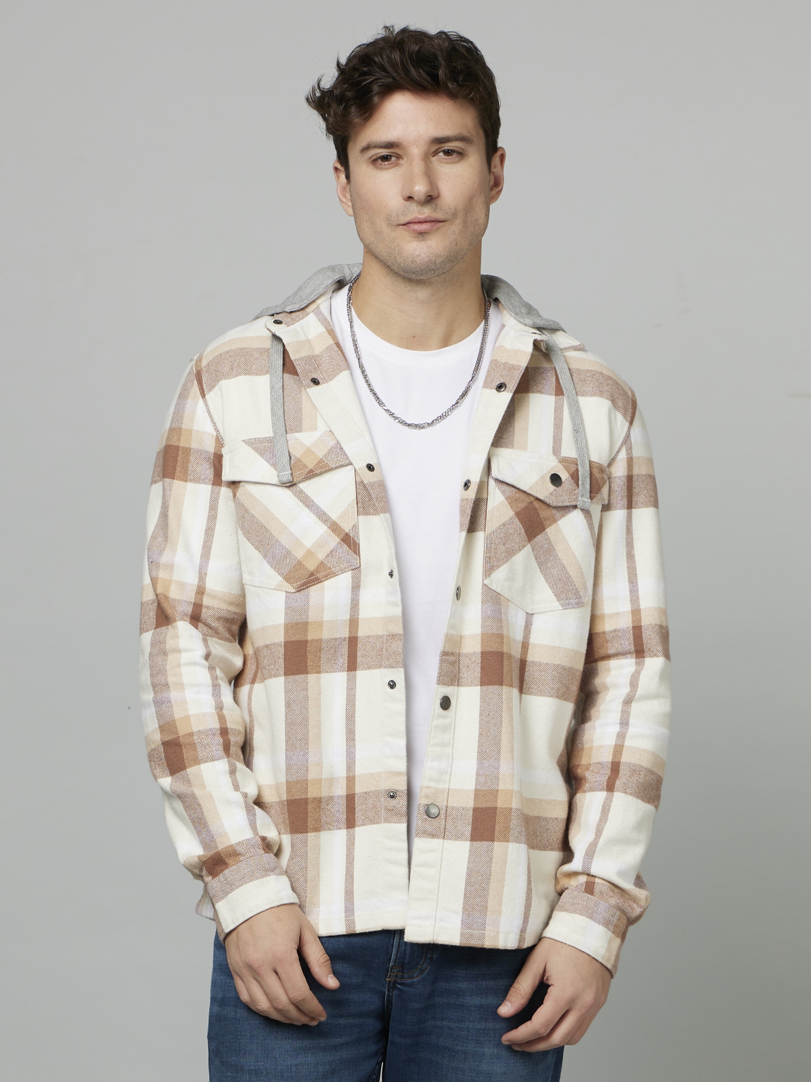 Men's Beige Checked Casual Shirts