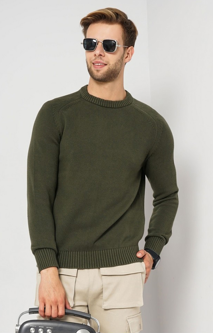 Men's Green Solid Sweaters