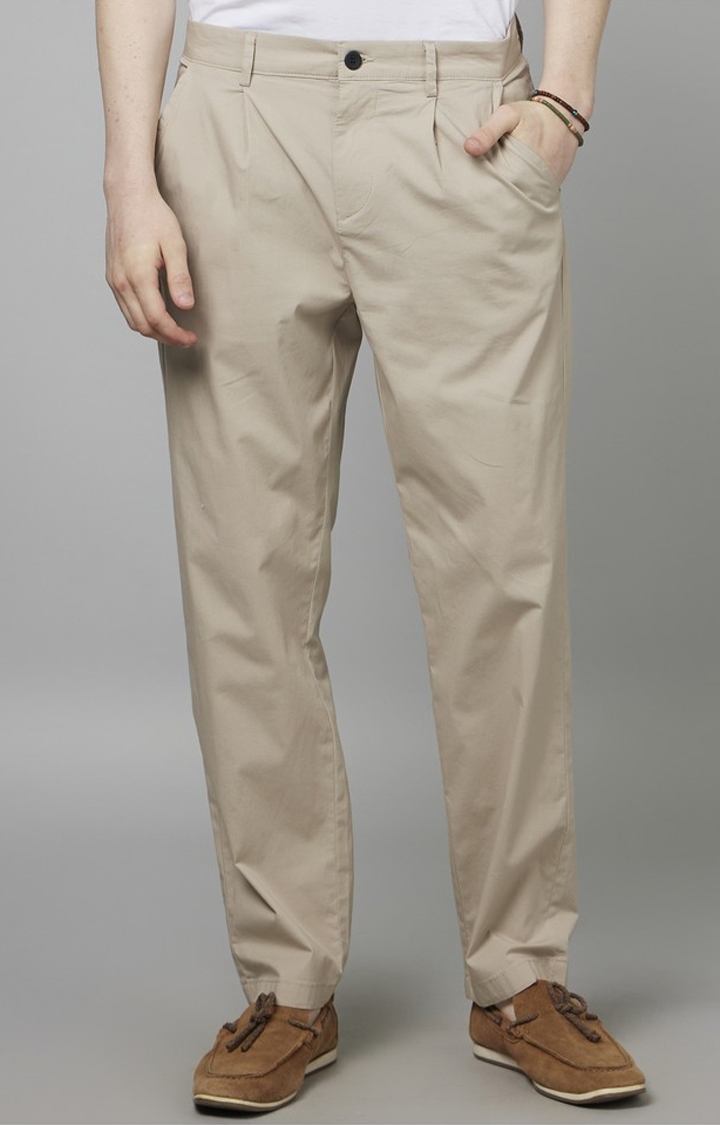 celio | Men's Brown Cotton Blend Solid Trousers