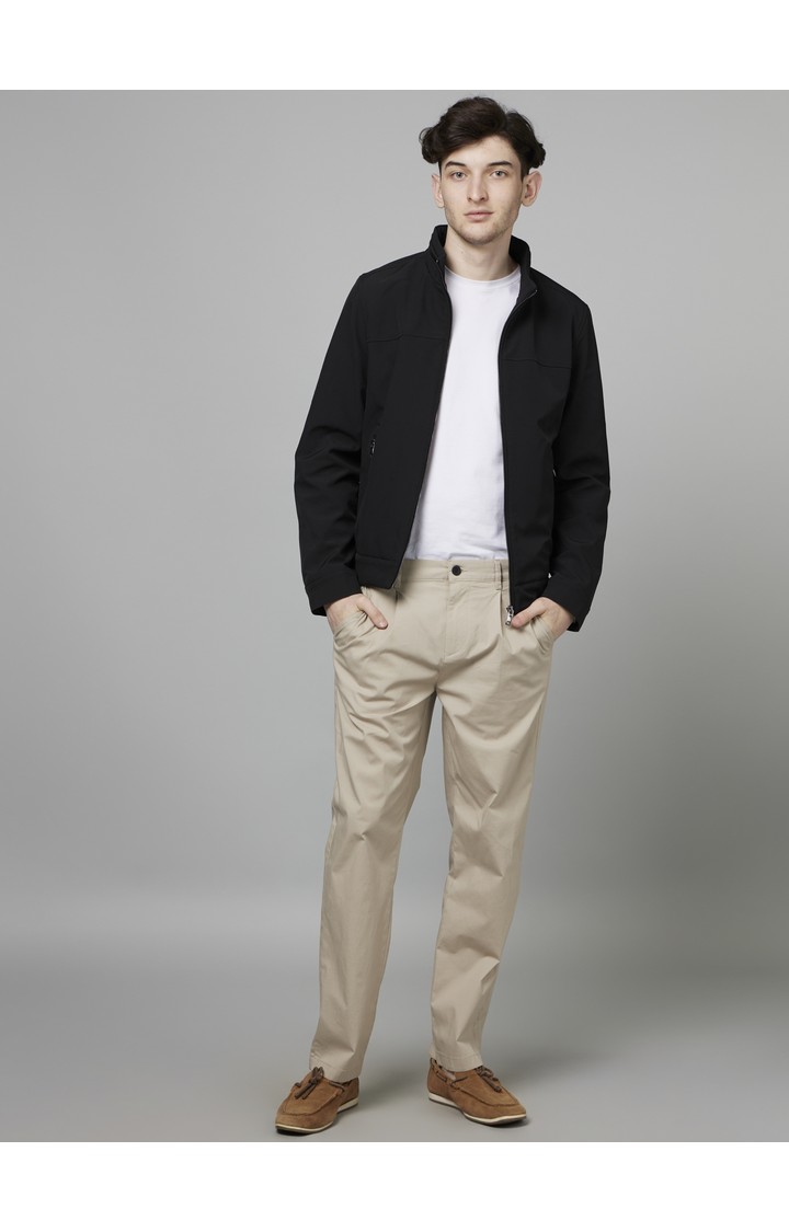 Men's Brown Cotton Blend Solid Trousers