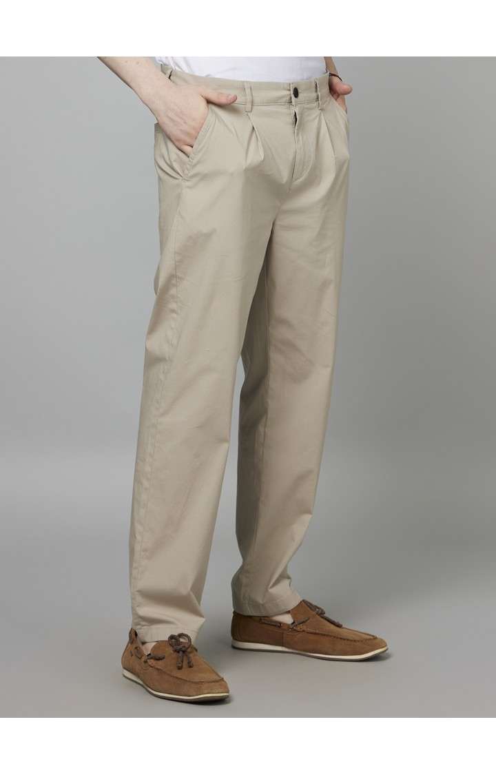 Men's Brown Cotton Blend Solid Trousers